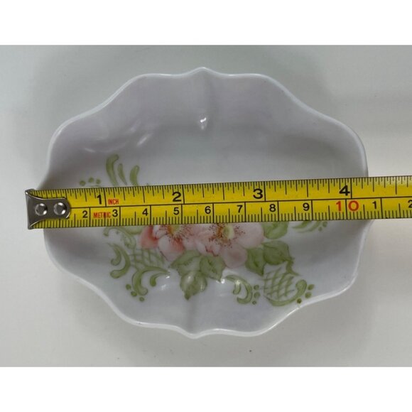 Hand-Painted Floral Porcelain Trinket Dish Vintage Pink Flowers Scalloped Edge - Picture 9 of 11